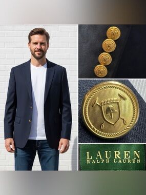 Ralph Lauren Men’s 48L Navy Wool Gold Button Sport Coat Blazer Jacket